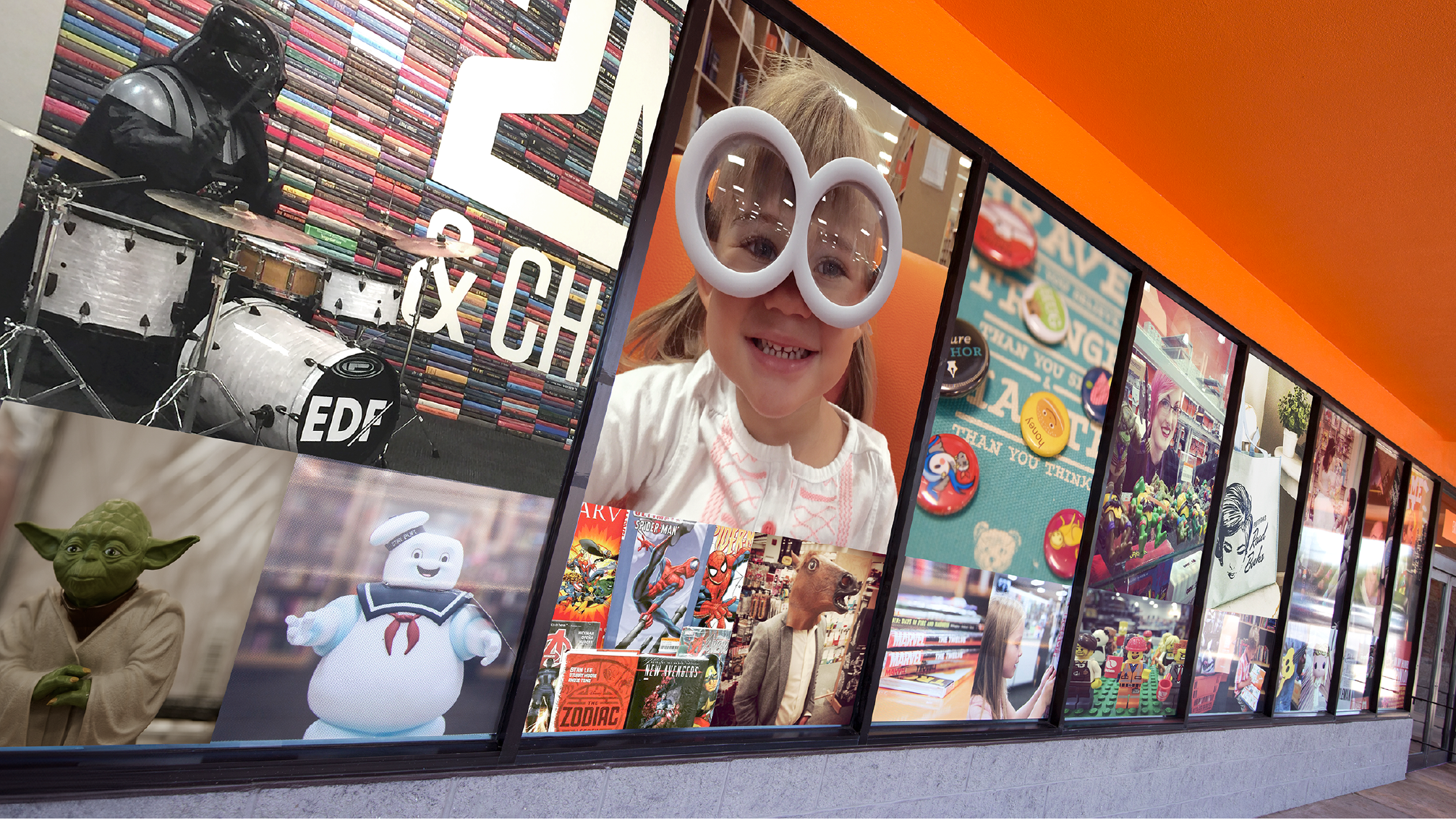 2nd & Charles storefront window collage.