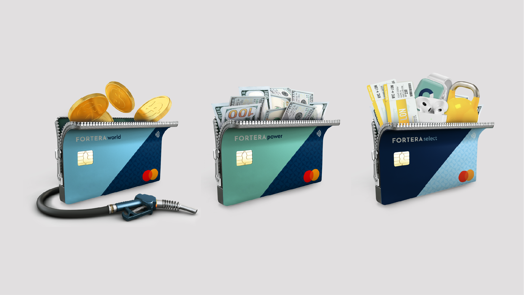 Fortera Credit Union three wallet illustrations.