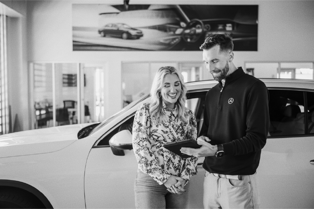 Mercedes Benz woman and man car details.